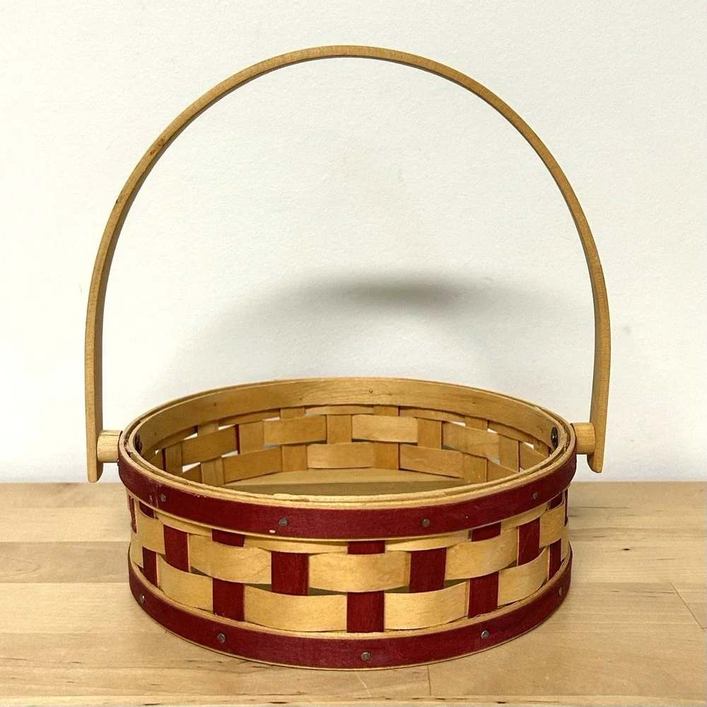 Vtg Longaberger Small Pie Basket Cherry Red Checkered Woven Swing Handle 2006